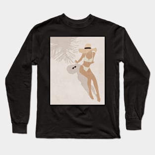 Woman, Girl, On the beach, Under palm, Hat, Boho style art, Mid century art Long Sleeve T-Shirt